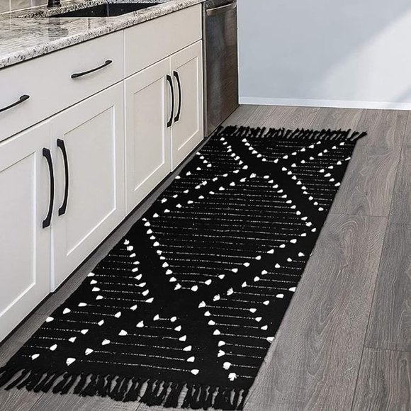 Boho Bathroom Runner Rug Black Geometric Washable Woven Cotton SIZE 2.3' X 5.3' - Picture 9 of 12